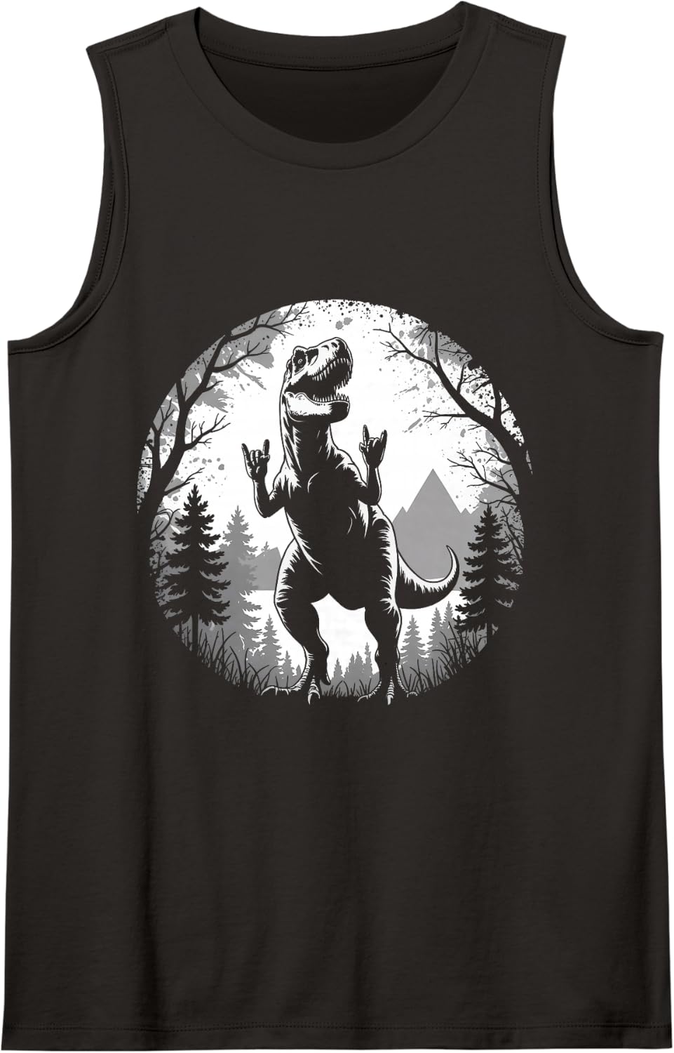 Rock On Dinosaur Rock and Roll Nature Forest Mountains Trees Sleeveless Tank Top - Black