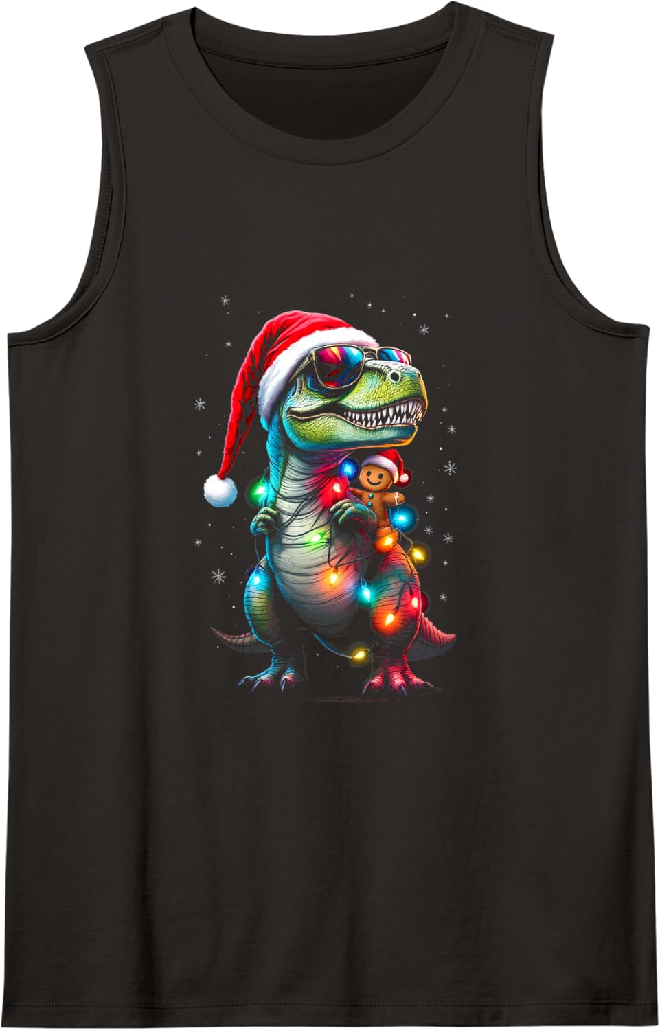 Christmas Dinosaur with Gingerbread Man Sleeveless Tank Top - Black