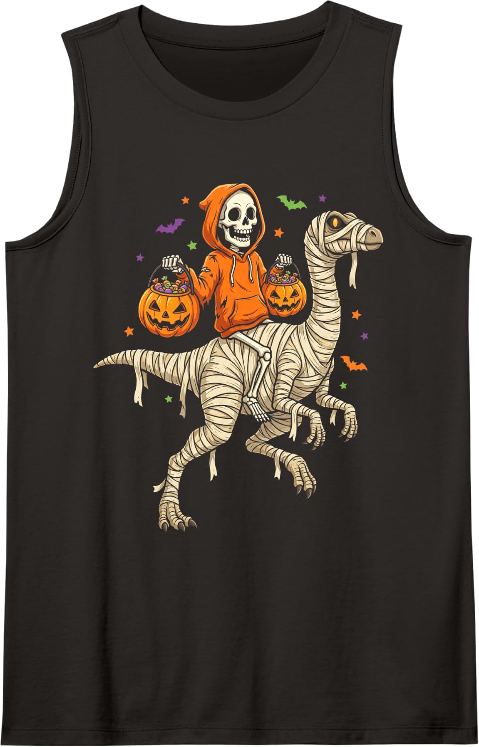 Skeleton Riding Mummy Gallimimus Dinosaur Halloween Funny Sleeveless Tank Top - Black