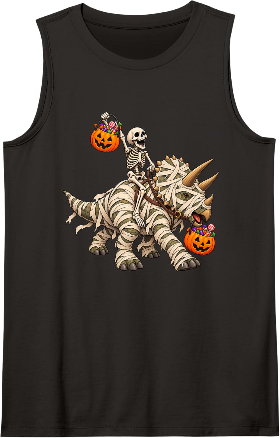 Skeleton Riding Mummy Triceratops Dinosaur Funny Halloween Sleeveless Tank Top - Black
