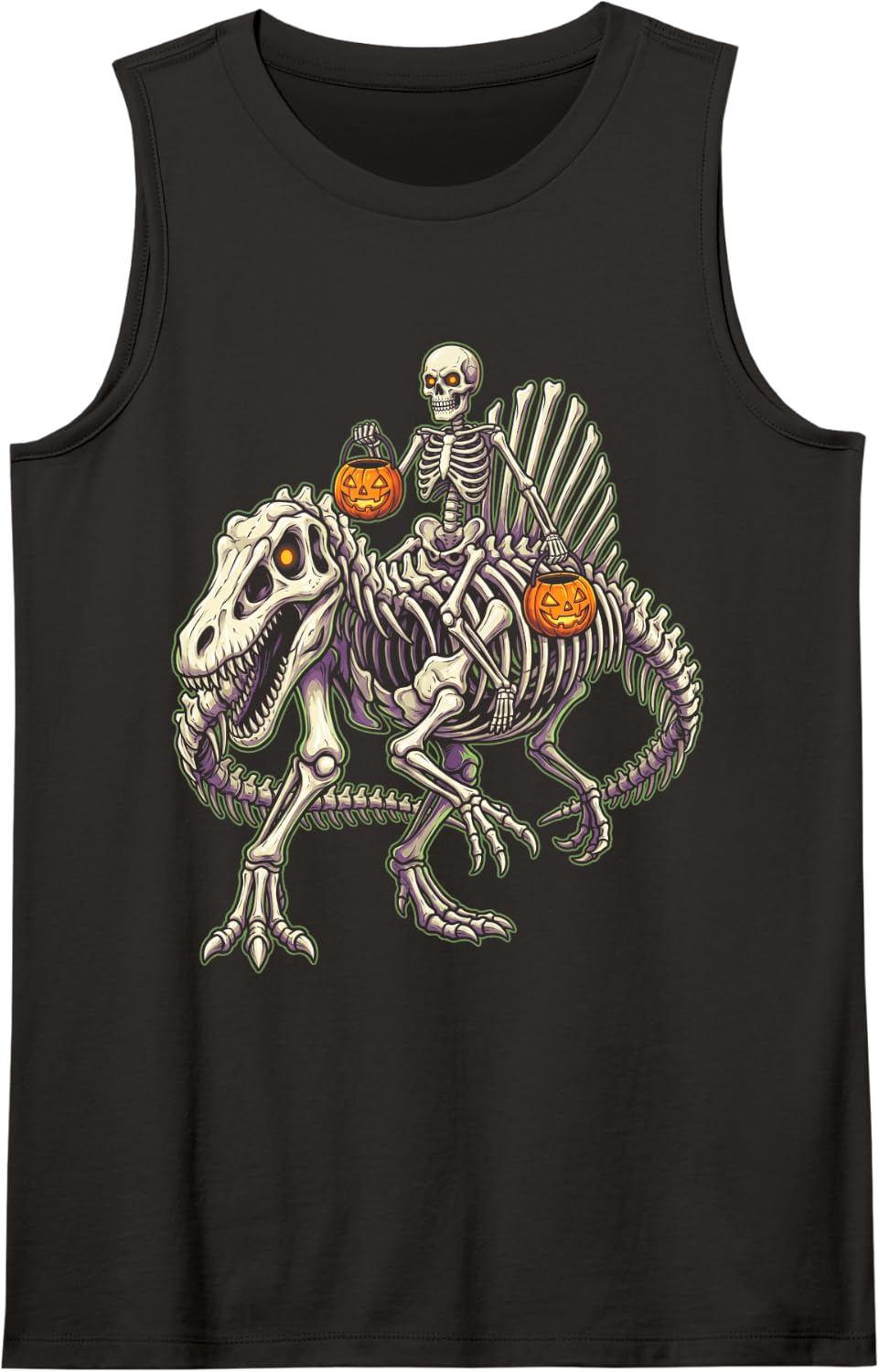 Skeleton Riding Spinosaurus Dinosaur Halloween Sleeveless Tank Top - Black