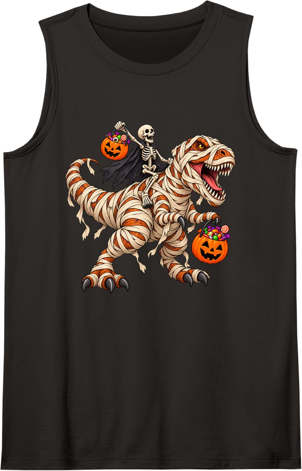 Skeleton Riding Mummy T-Rex Dinosaur Funny Pumpkin Halloween Sleeveless Tank Top - Black