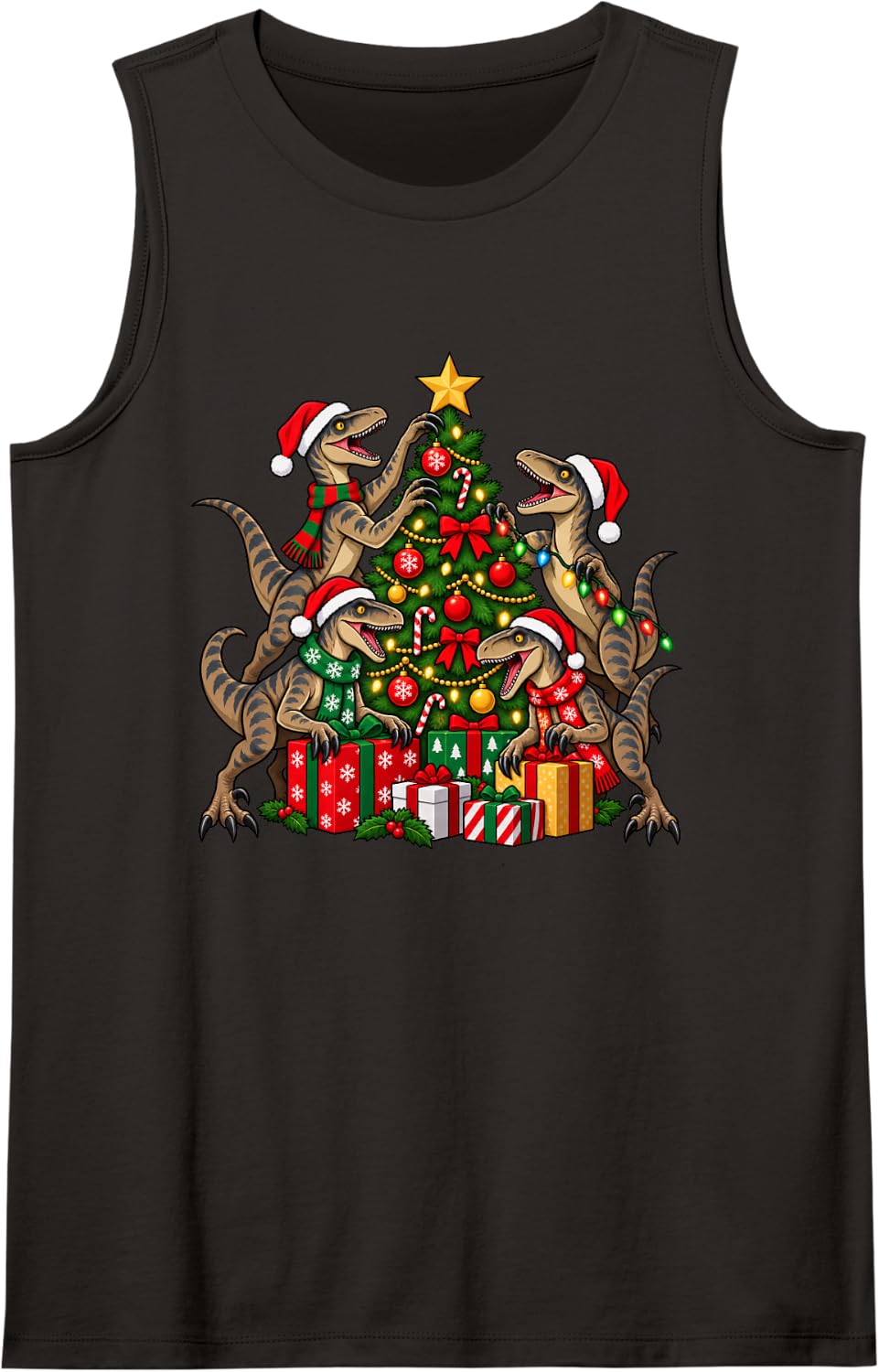 Velociraptors Dinosaur Christmas Tree Funny Xmas Sleeveless Tank Top - Black