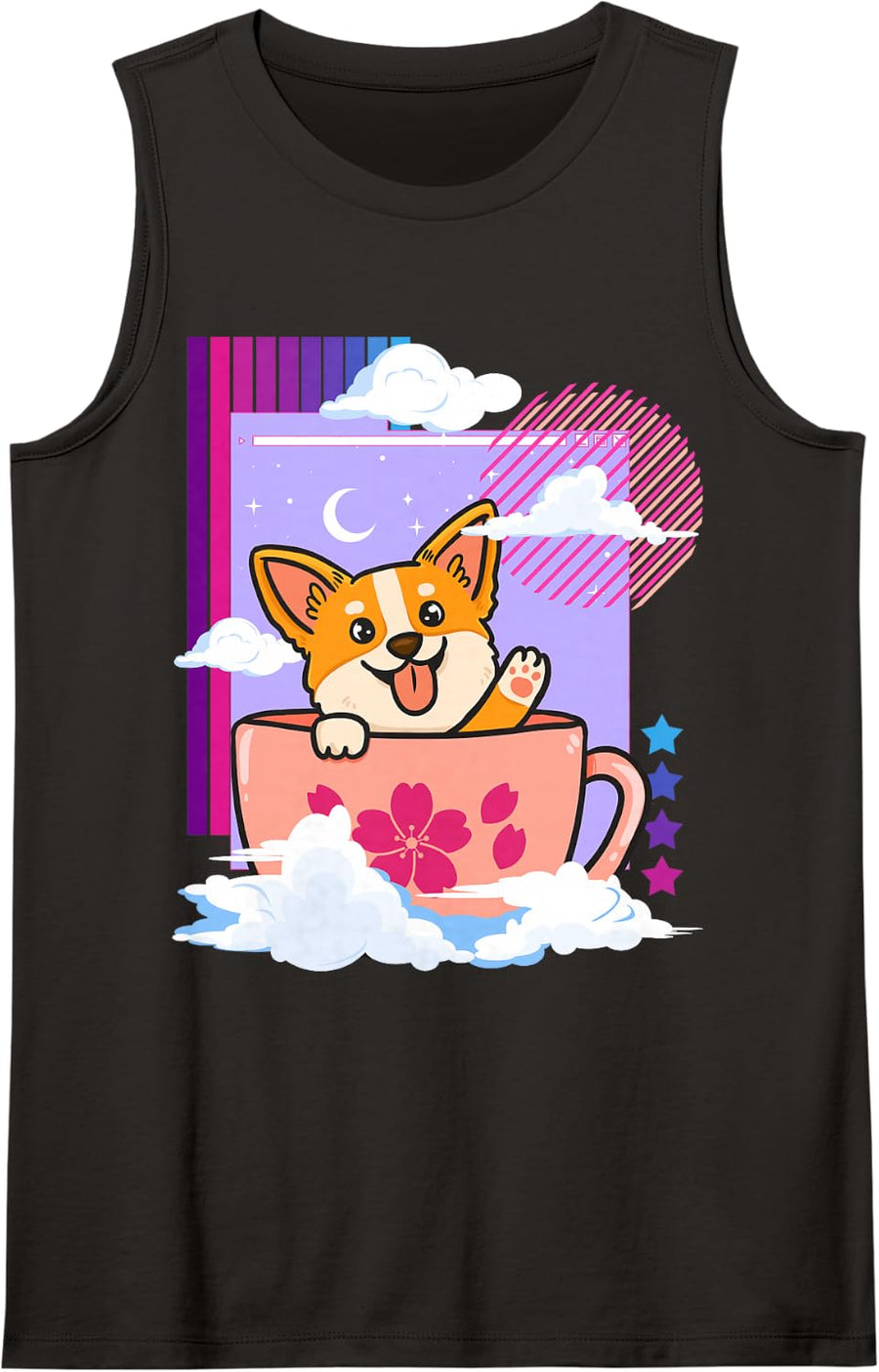 Japanese Cute Pastel Goth & Soft Shiba Inu Kawaii Dog Sleeveless Tank Top - Black
