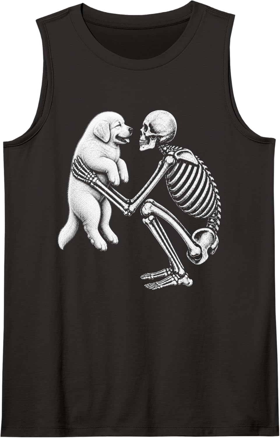 Skeleton Holding Great Pyrenees Retro Halloween Dog Sleeveless Tank Top - Black