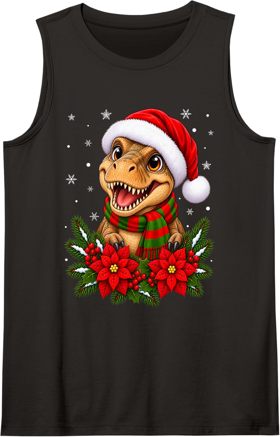 Cute Dino Festive Flowers Santa Hat T-Rex Dinosaur Christmas Sleeveless Tank Top - Black