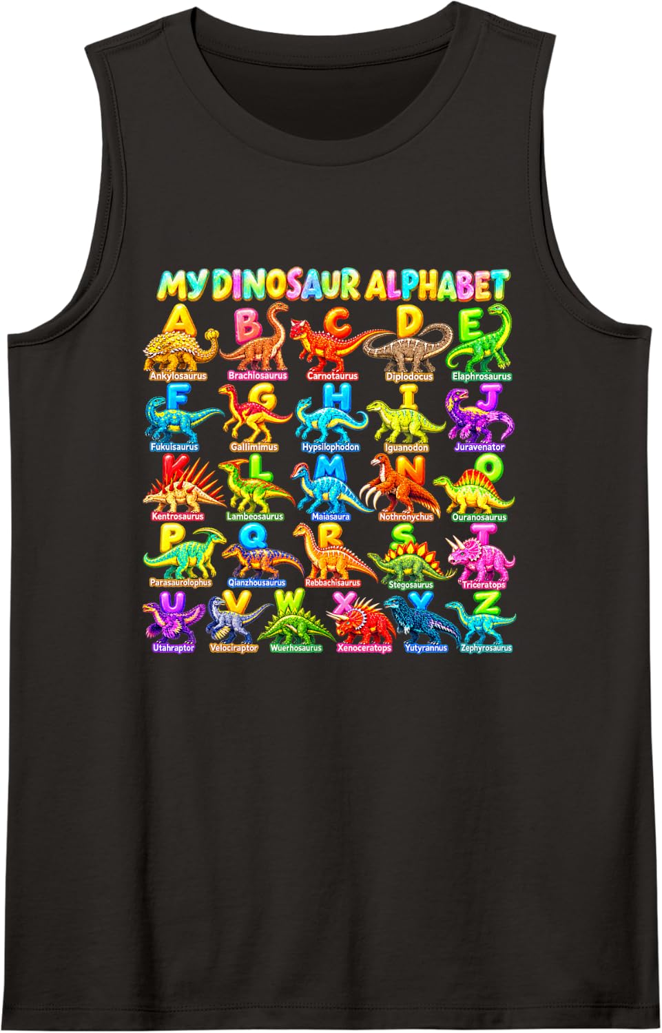 My Illustrated Dino Study ABC Dinosaur Alphabet Sleeveless Tank Top - Black