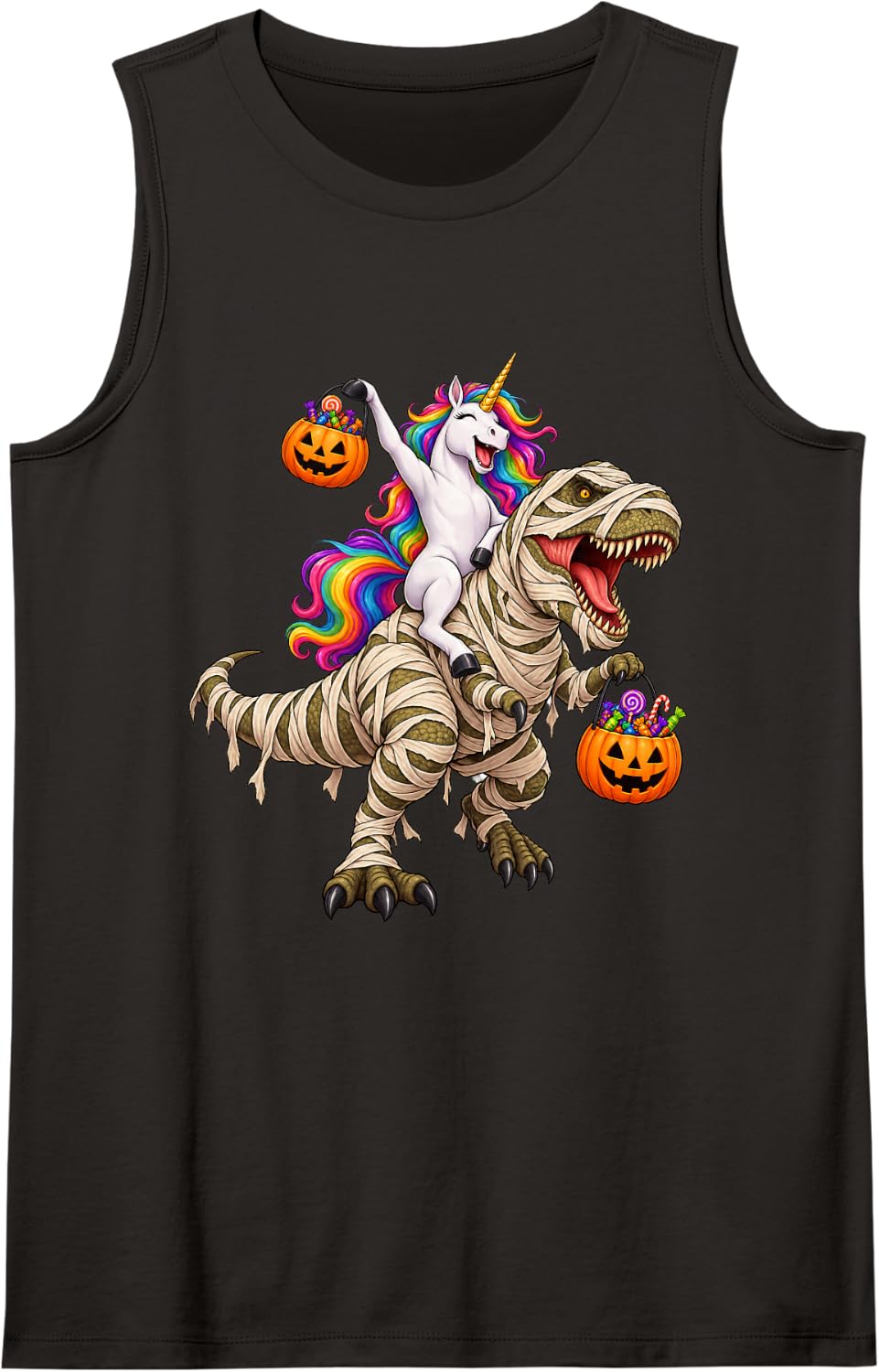 Unicorn Riding Mummy T-Rex Dinosaur Funny Halloween Sleeveless Tank Top - Black