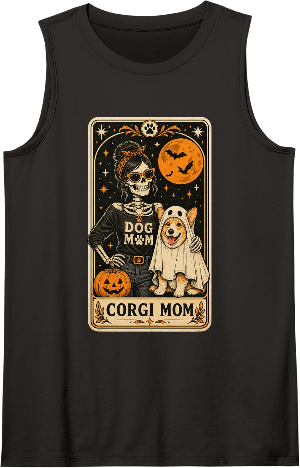 Corgi Mom Halloween Skeleton Dog Mom Tarot Card Women Sleeveless Tank Top - Black