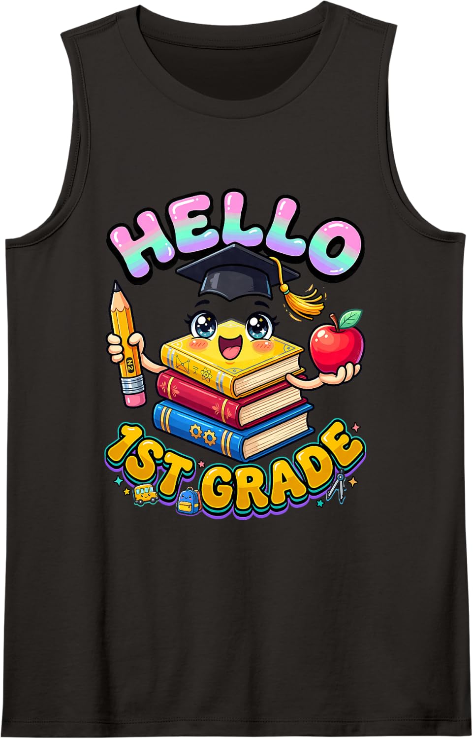 Hello 1st Grade Cute Books with Apple for Elementary School Tank Top - Black