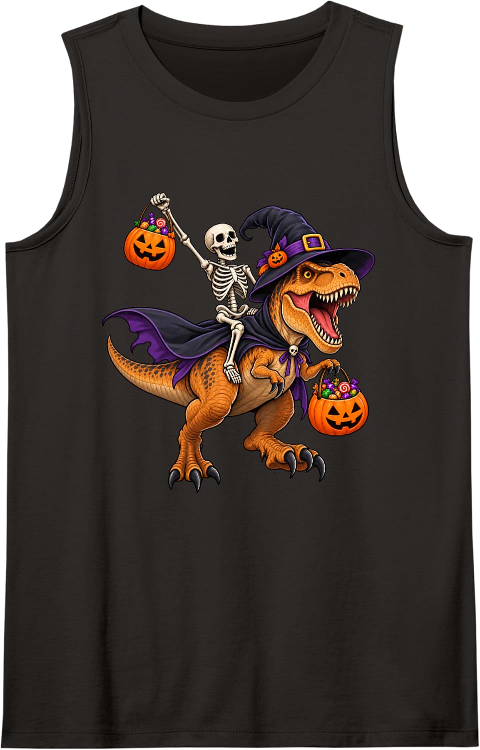 Skeleton Riding Witch Dinosaur Funny Halloween Sleeveless Tank Top - Black