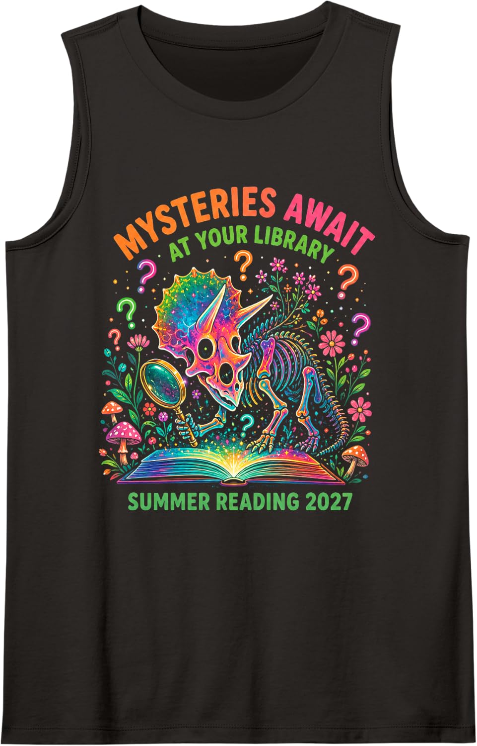 Mysteries Await at Your Library Triceratops Dinosaur 2027 Sleeveless Tank Top - Black