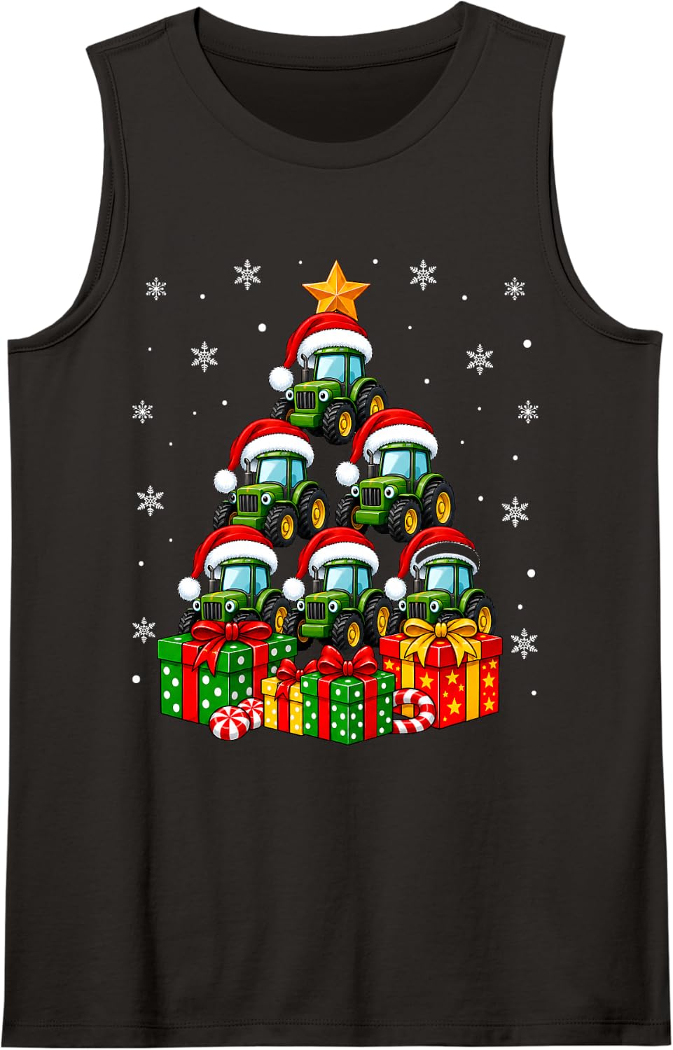 Tractor Santa Hat Xmas Holiday Tractor Christmas Tree Sleeveless Tank Top - Black