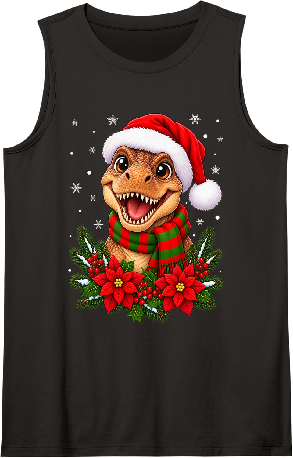 Cute Festive Flowers Santa Hat Dinosaur T-Rex Christmas Sleeveless Tank Top - Black