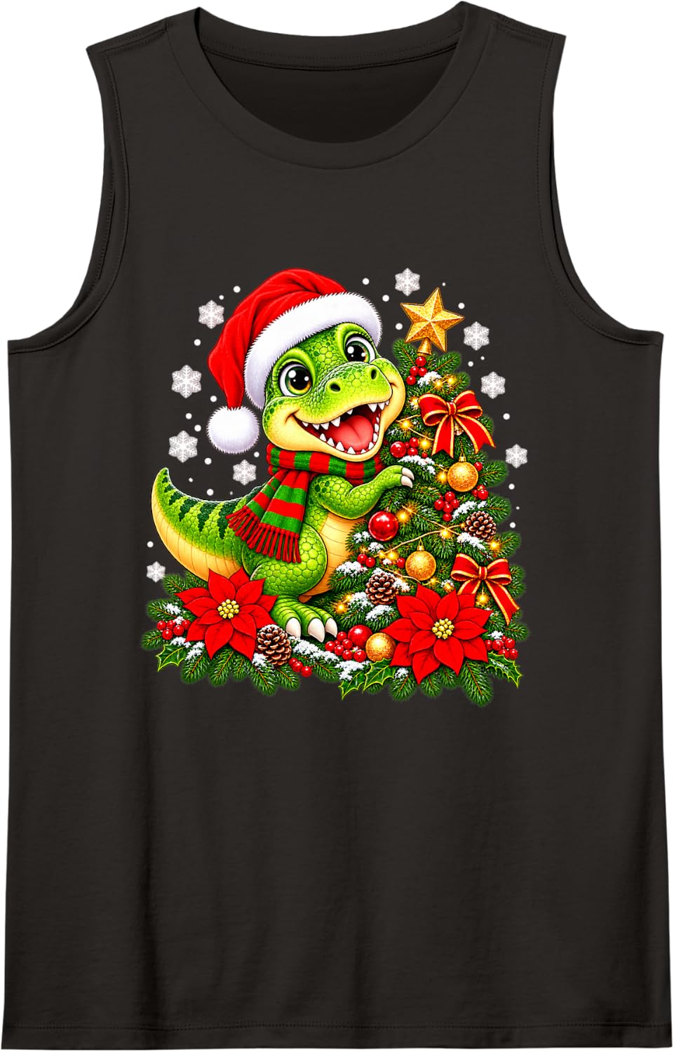 Christmas Tree Dinosaur Santa Hat Men Women Kids Sleeveless Tank Top - Black
