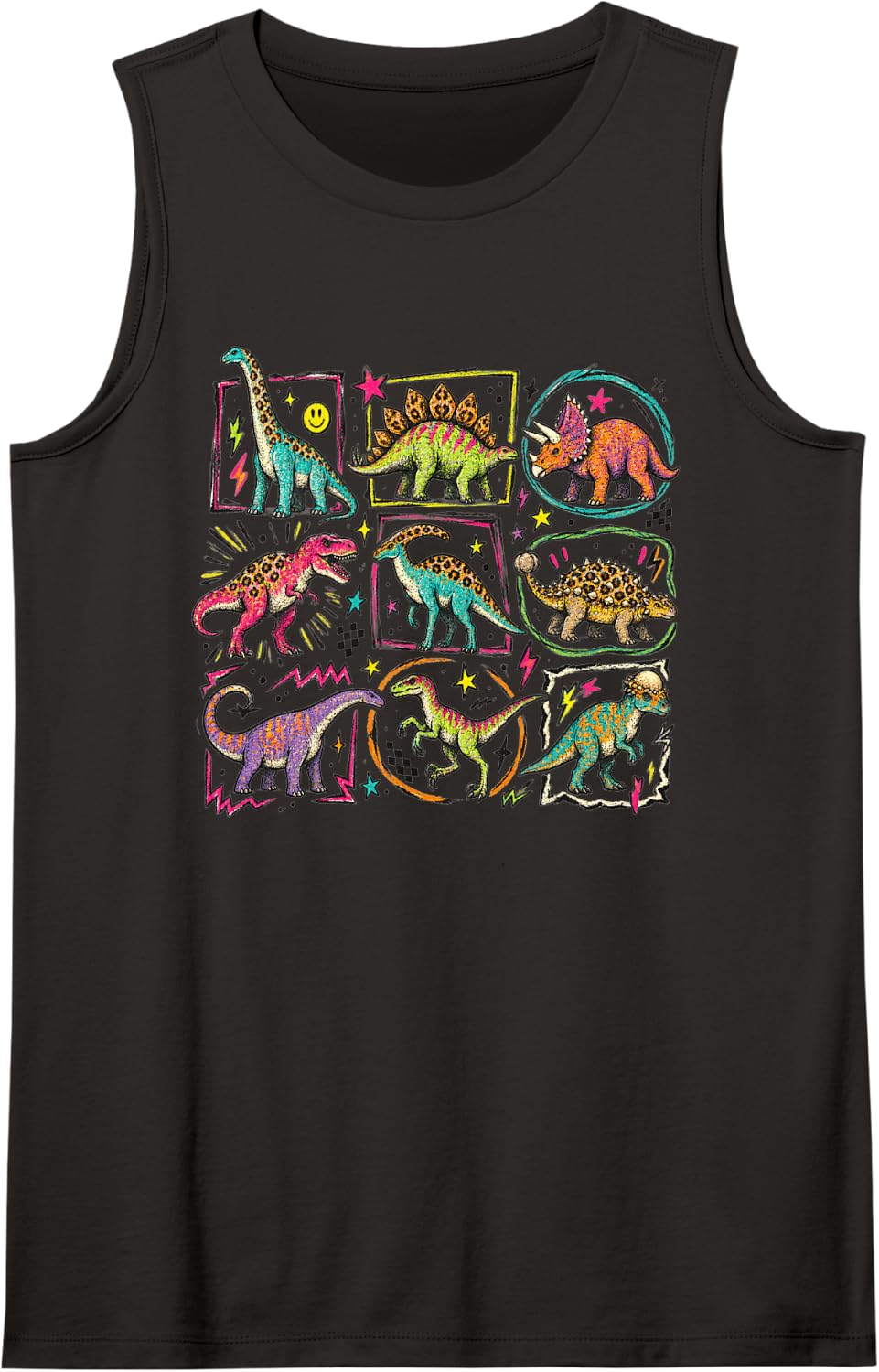 Dinosaurs Retro Leopard Print Colorful Dino Collage Art Sleeveless Tank Top - Black