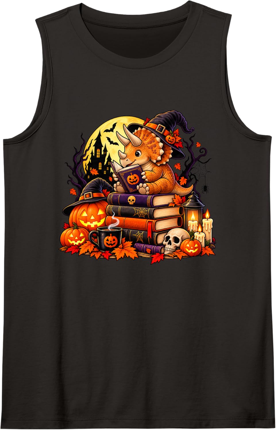 Triceratops Dinosaur Reading Book Nerd Halloween Sleeveless Tank Top - Black