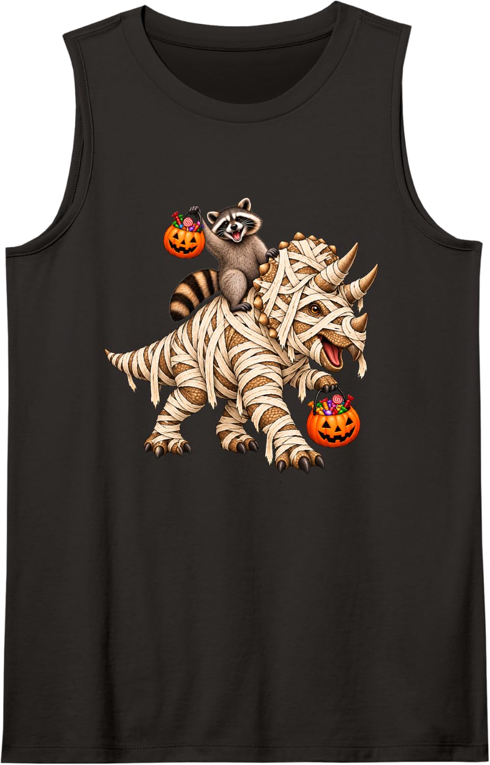 Raccoon Riding Mummy Triceratops Dinosaur Funny Halloween Sleeveless Tank Top - Black