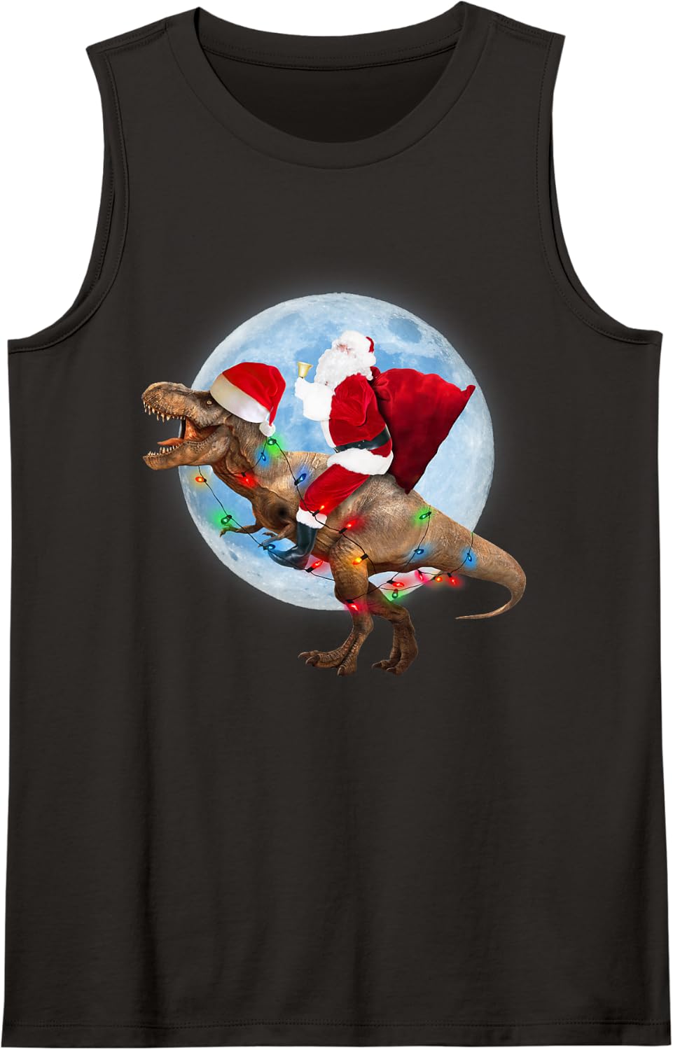Santa Riding Dinosaur T Rex Moon Funny Christmas Xmas Sleeveless Tank Top - Black