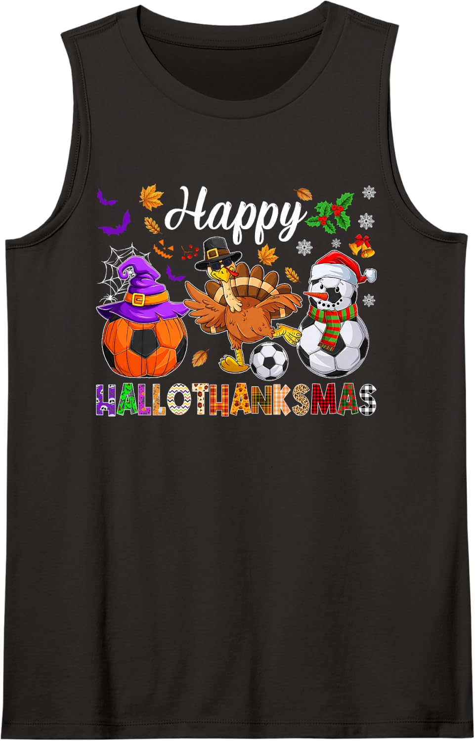 Hallothanksmas Soccer Lovers Halloween Thanksgiving Xmas Sleeveless Tank Top - Black
