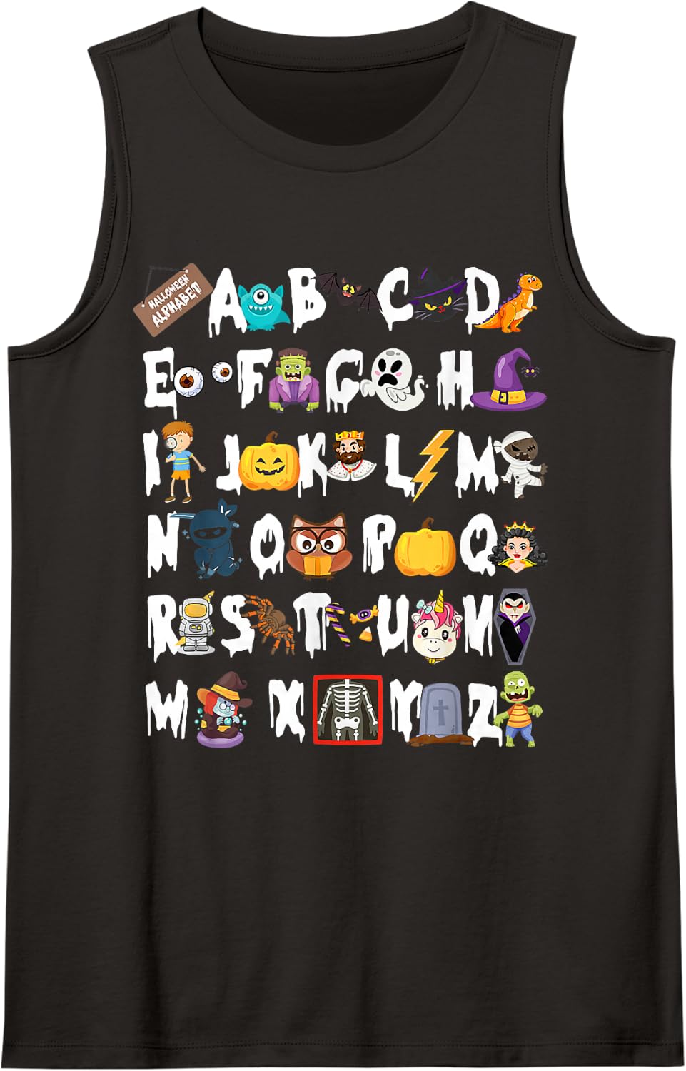 Alphabet Halloween ABCs Learning Kindergarten School Teacher Sleeveless Tank Top - Black