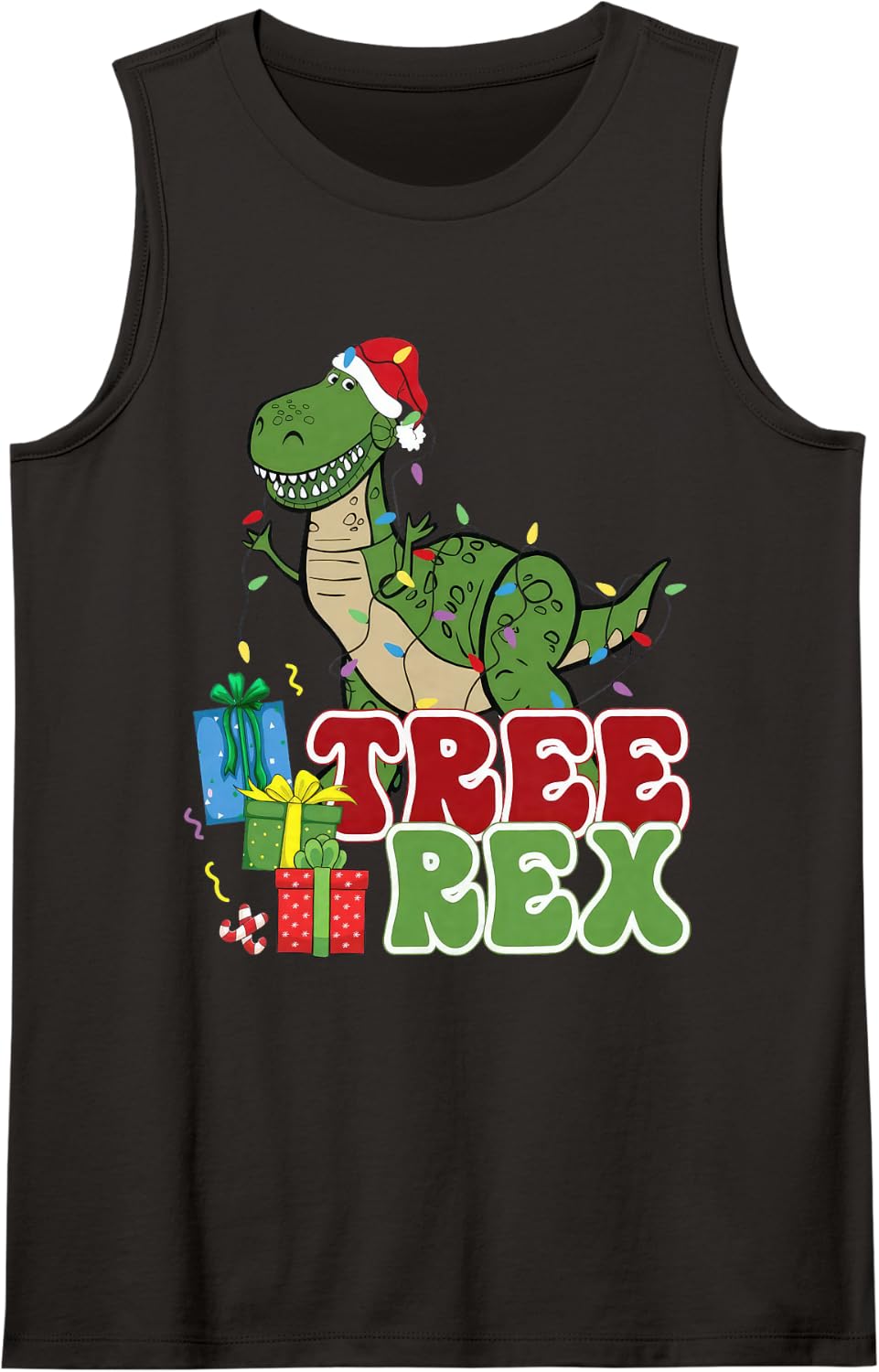 Dinosaur Tree Rex Christmas Men Boys Kids Toddler Xmas Light Sleeveless Tank Top - Black