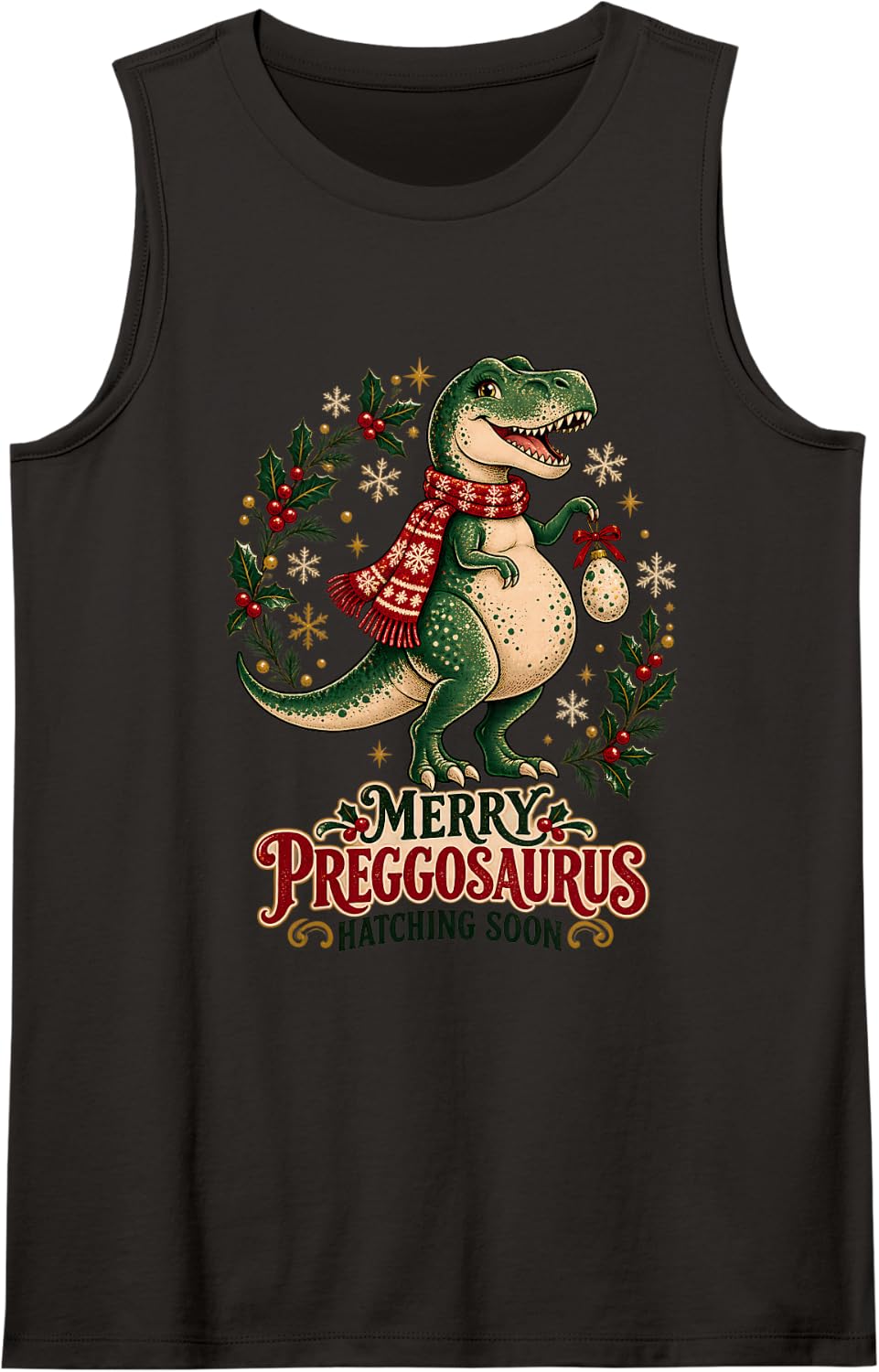 Merry Preggosaurus Christmas Pregnant Mom to Be Pregnancy Sleeveless Tank Top - Black
