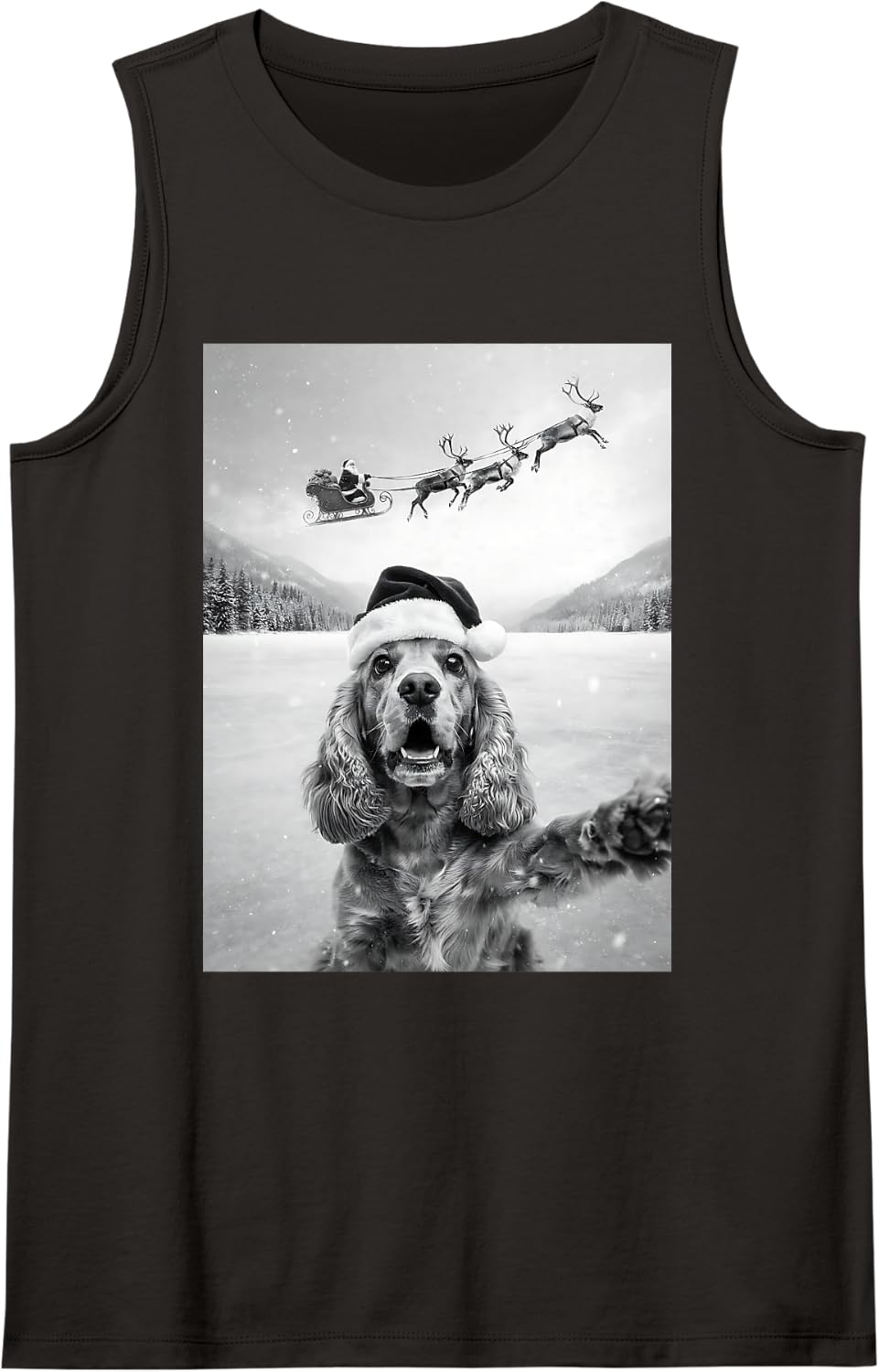 Funny Cocker Spaniel Christmas Selfie Santa Sleigh Dog Lover Sleeveless Tank Top - Black