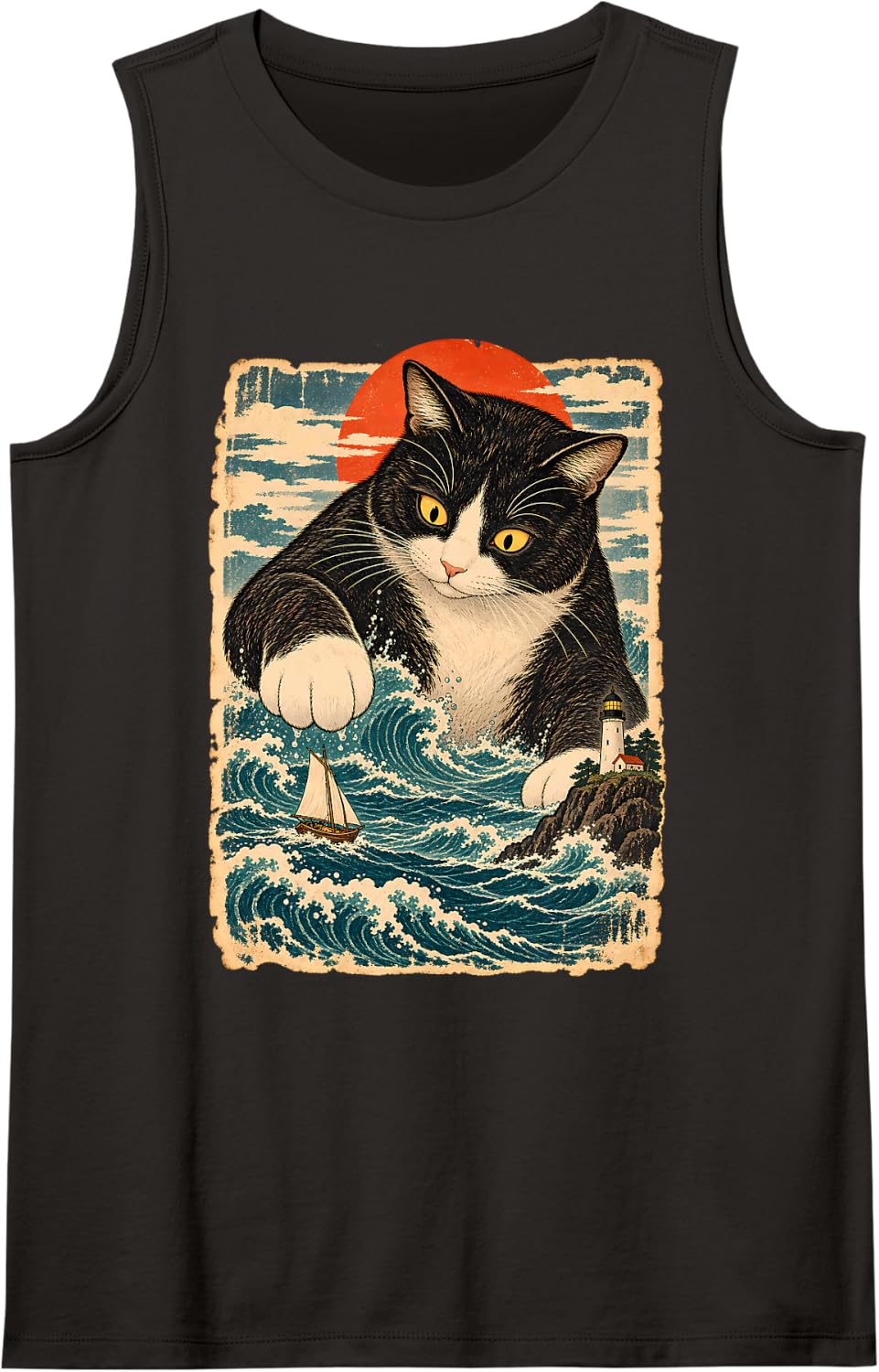 Giant Tuxedo Cat Great Wave Sailboat Japanese Retro Vintage Sleeveless Tank Top - Black