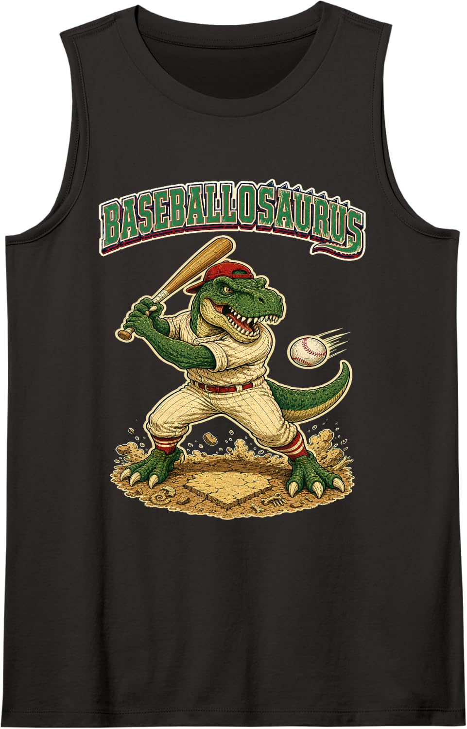 Baseballosaurus T-Rex Dinosaur Baseball Player Design Sleeveless Tank Top - Black