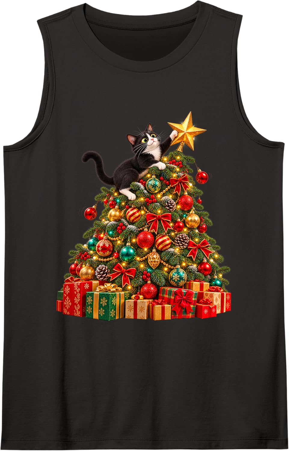 Tuxedo Cat Climbing Christmas Tree Holiday Sleeveless Tank Top - Black