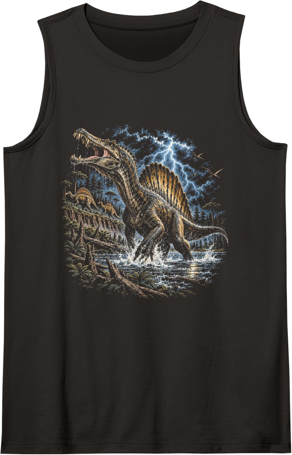 Spinosaurus Dinosaur Storm Prehistoric Wildlife Art Sleeveless Tank Top - Black
