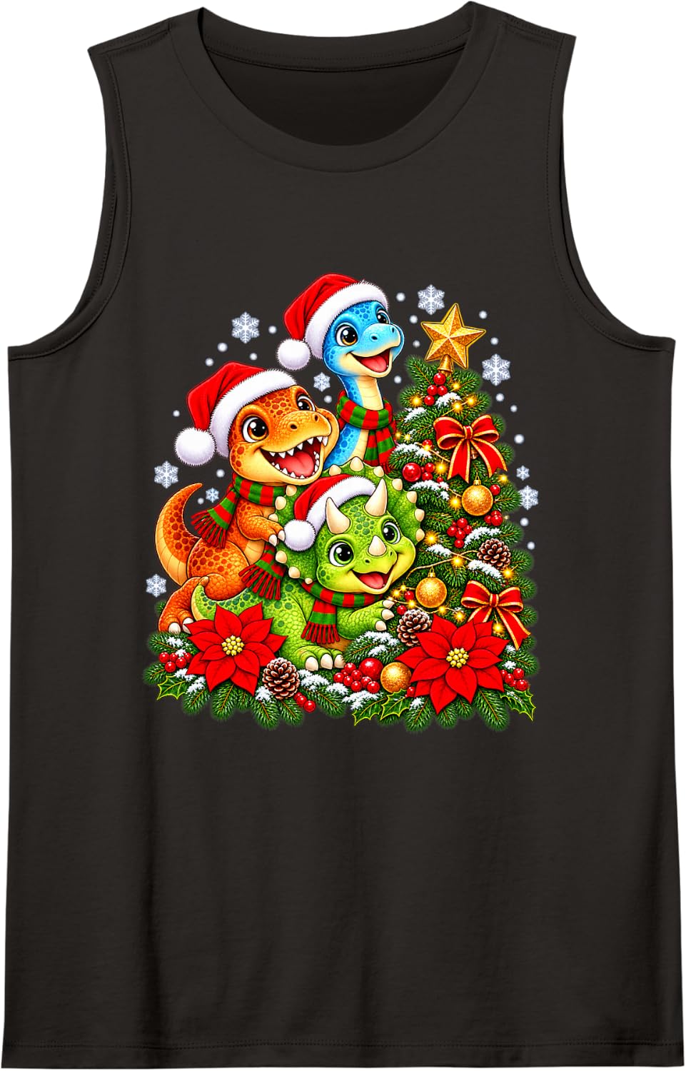 Christmas Tree Dinosaurs Santa Hat Men Women Kids Sleeveless Tank Top - Black