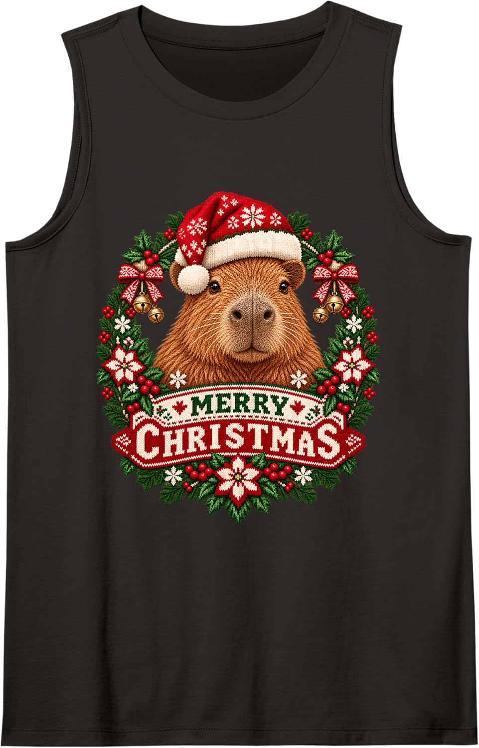Merry Christmas Capybara Happy Santa Hat Snowflake Sleeveless Tank Top - Black