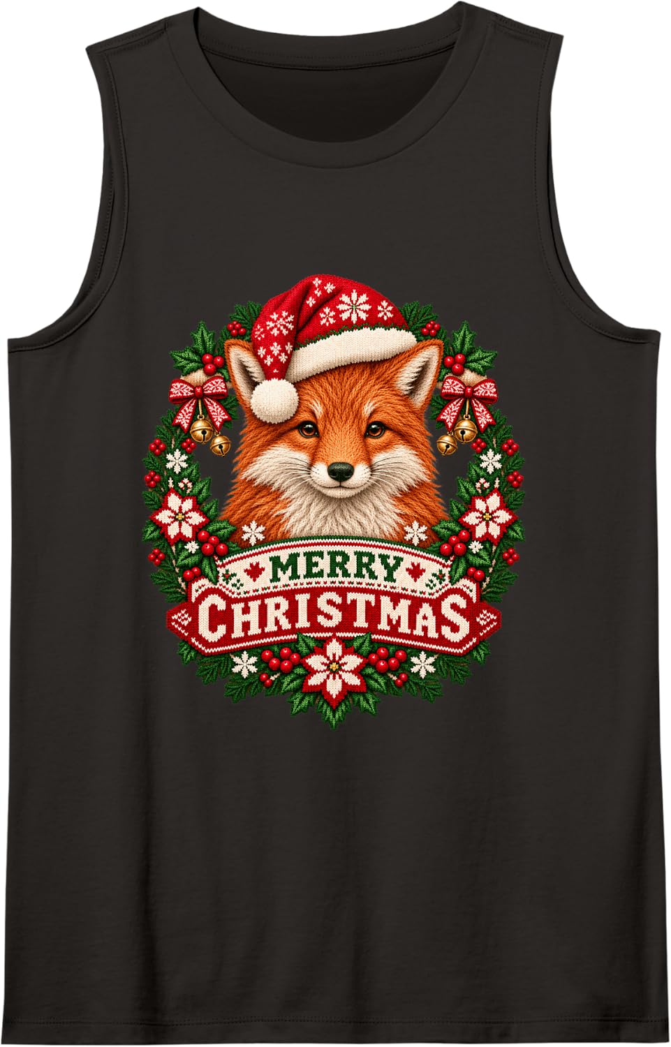 Merry Christmas Fox Happy Santa Hat Snowflake Sleeveless Tank Top - Black