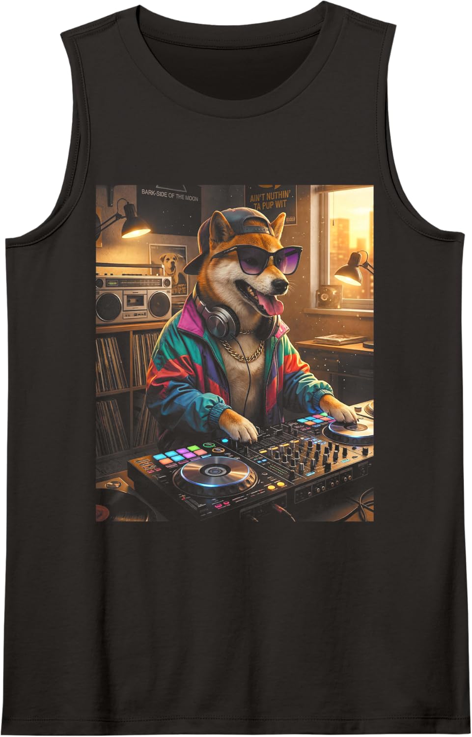 Shiba Inu DJ Halftone Vintage Graphic Music Lover Sleeveless Tank Top - Black
