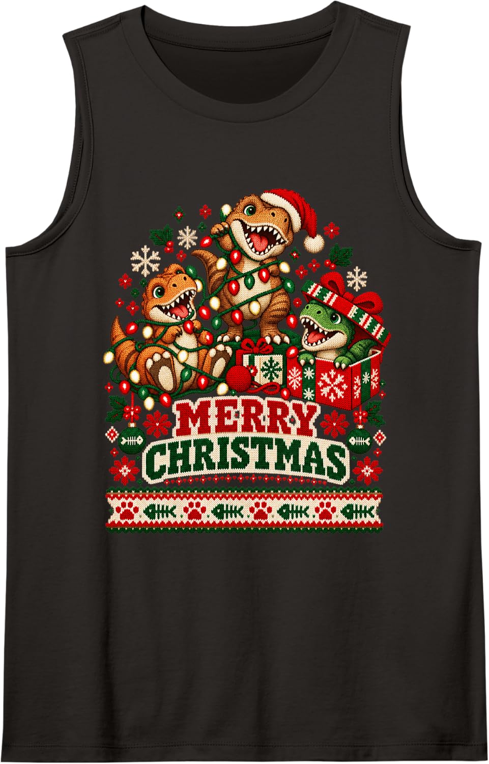 Merry Christmas Trex Playful Holiday Lights Men Women Sleeveless Tank Top - Black