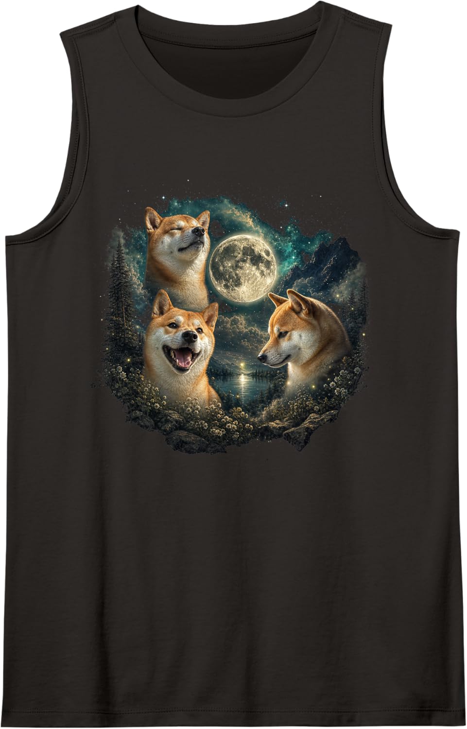 Shiba Inu Faces with Full Moon and Stars Tank Top - Black