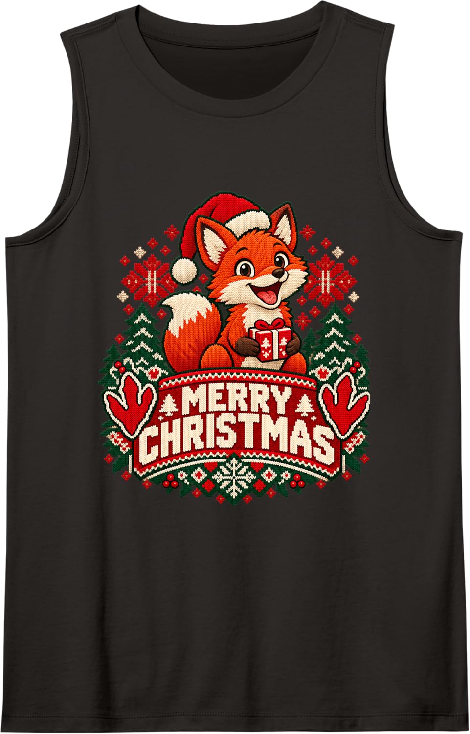 Merry Christmas Fox Cheerful Roaring Festive Winter Art Sleeveless Tank Top - Black