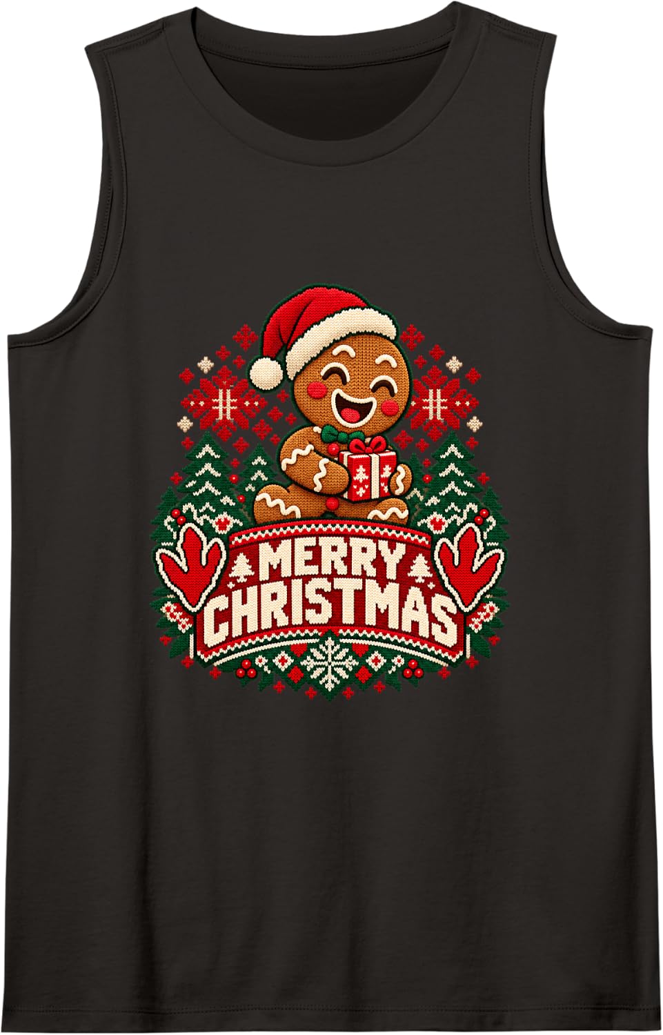 Merry Christmas Gingerbread Cheerful Roaring Festive Winter Sleeveless Tank Top - Black