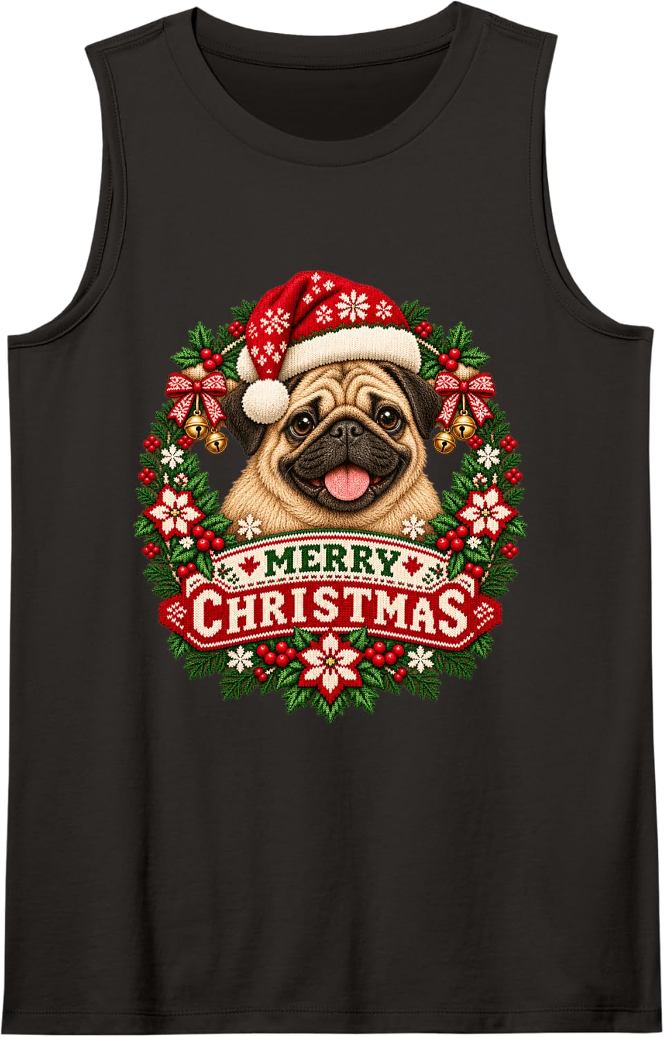 Merry Christmas Pug Happy Santa Hat Snowflake Sleeveless Tank Top - Black