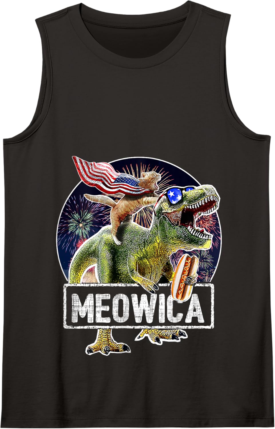 Meowica Cat T Rex Dinosaur American Flag 4th of July Gift Tank Top Small - Black