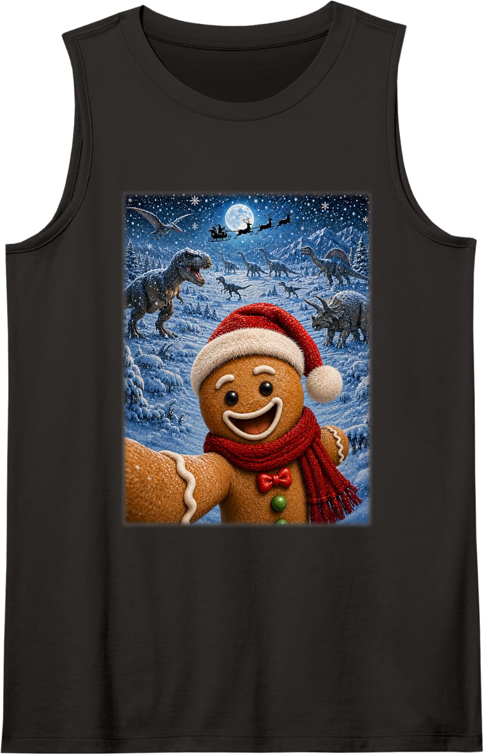 Festive Santa Gingerbread Man Dinosaurs Christmas Selfie Sleeveless Tank Top - Black