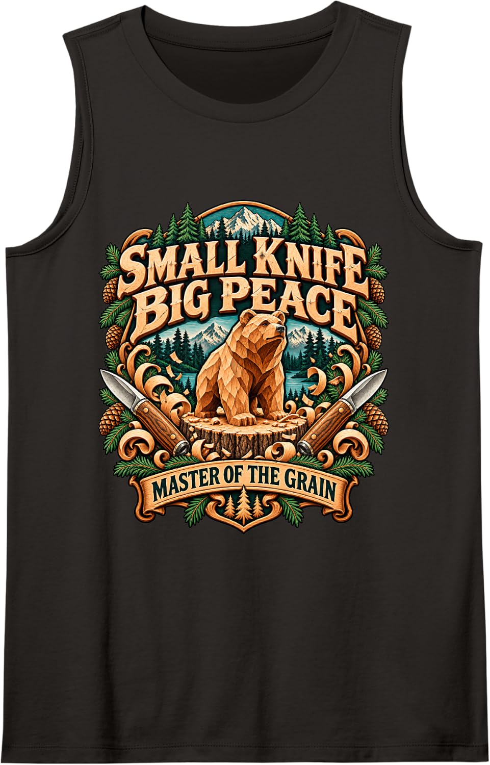 Small Knife Big Peace Master of The Grain Bear Sleeveless Tank Top - Black