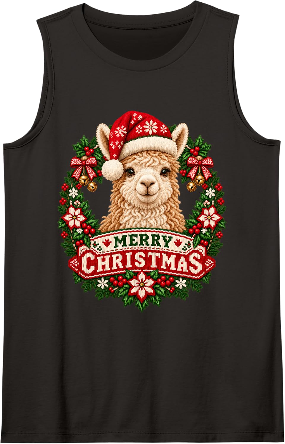 Merry Christmas Llama Happy Santa Hat Snowflake Sleeveless Tank Top - Black