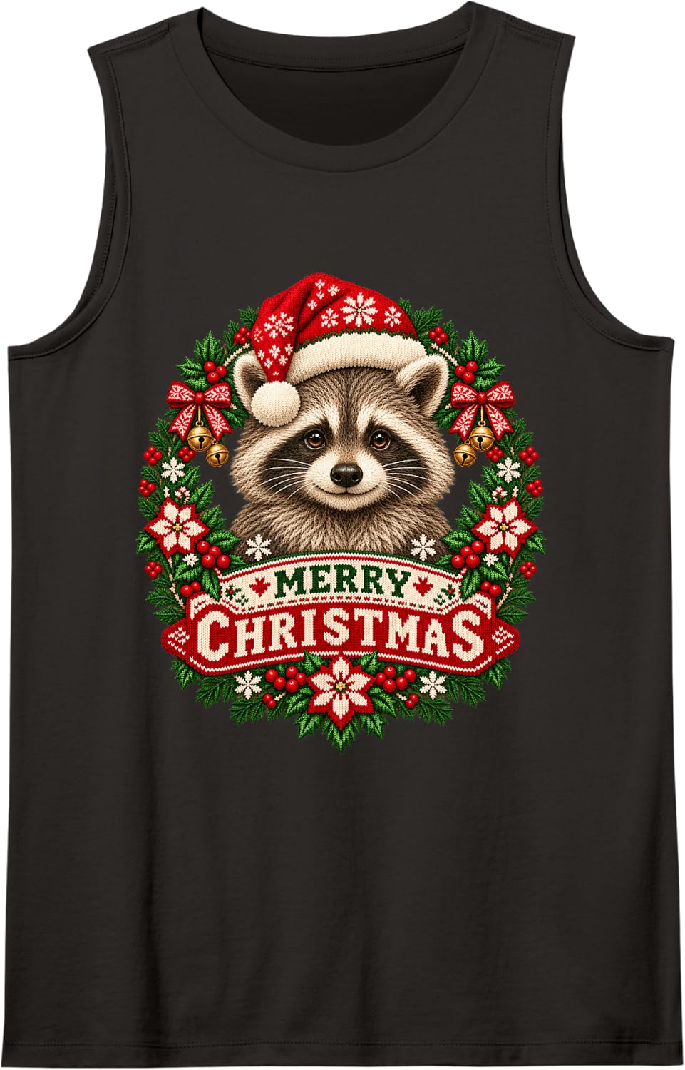Merry Christmas Raccoon Happy Santa Hat Snowflake Sleeveless Tank Top - Black