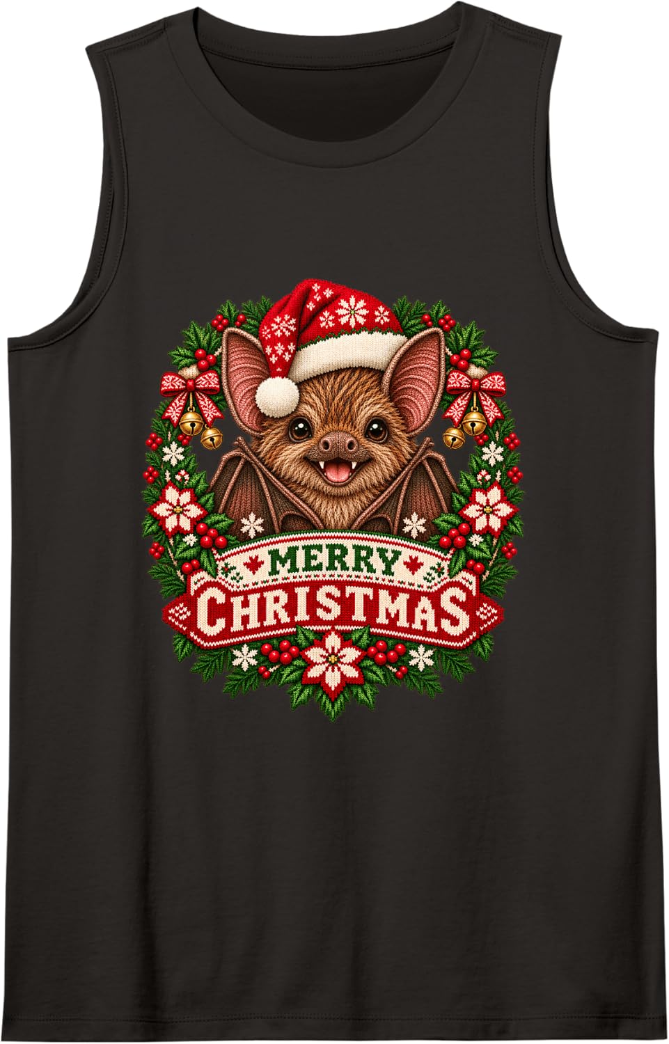 Merry Christmas Bat Happy Santa Hat Snowflake Sleeveless Tank Top - Black