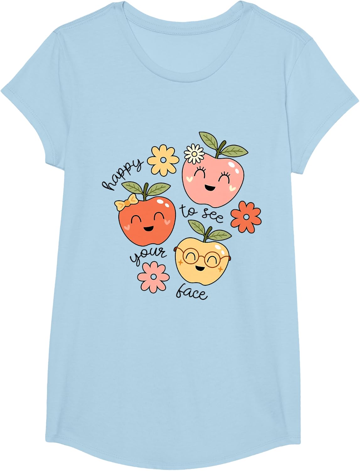 Happy to See Your Face Cute Apple Teacher Back to School T-Shirt - Girls Baby Blue