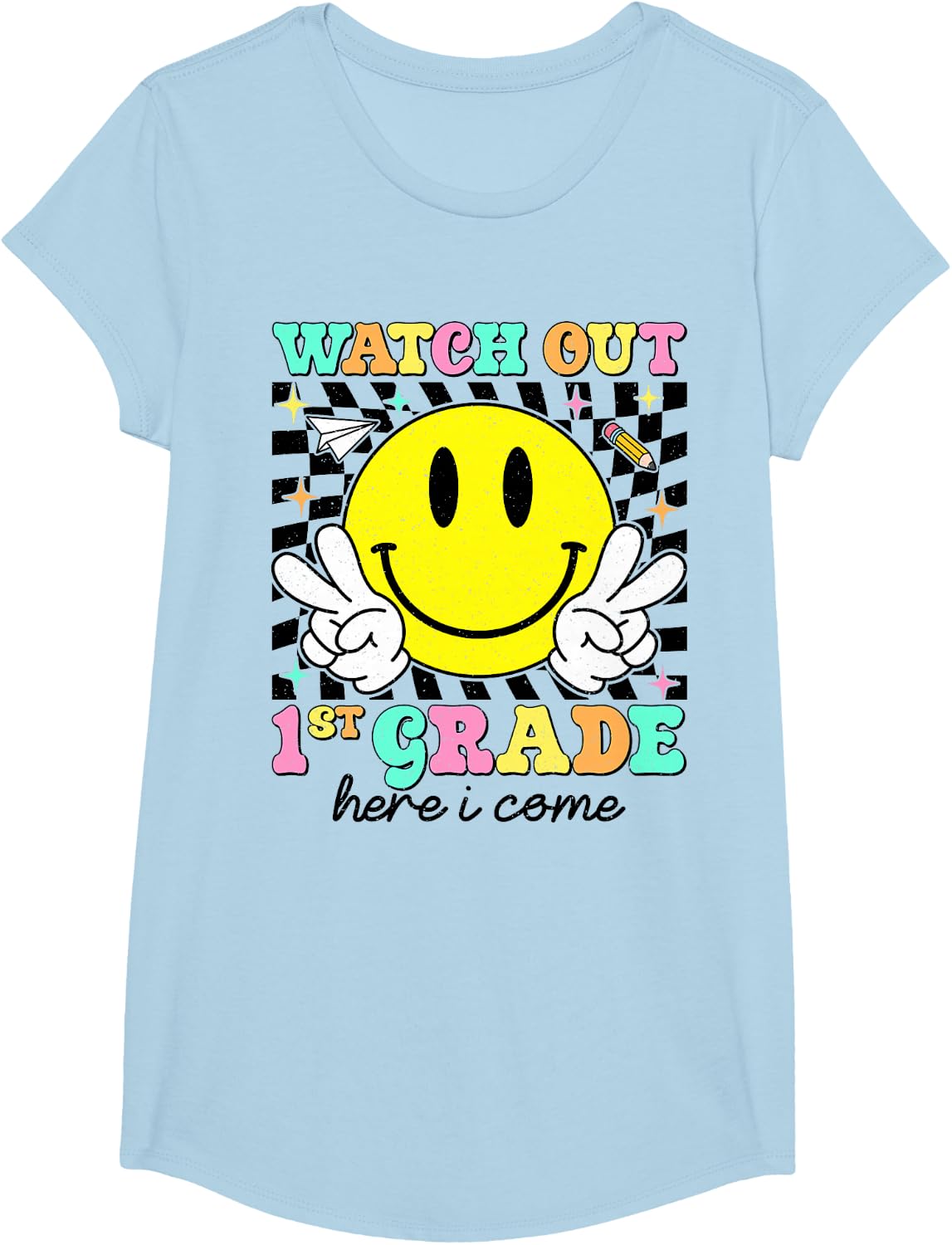 Back to School First Day Watch Out 1st Grade Here I Come T-Shirt - Girls Baby Blue