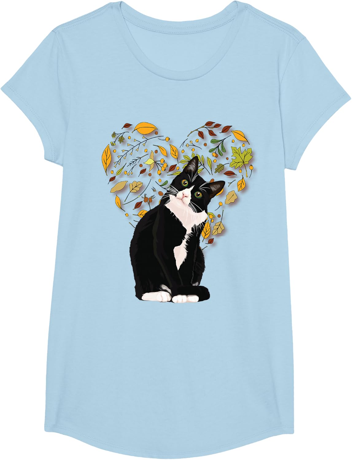 Tuxedo Cat t Shirt Gift Autumn Fall Leaves Black and White T-Shirt - Girls Baby Blue